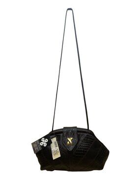 Park Place Women’s Black Genuine Leather Croc-Embossed Gold Accent Shoulder Bag